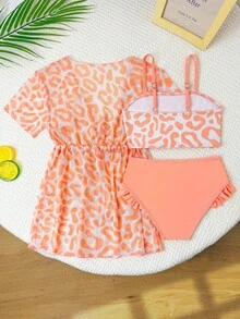 Girls (Small) Swimwear Set, Cute Pink Leopard Print 3 PiecesSwimwear, Fashionable Casual Elegant Suitable For Swimming, Vacation, Summer Girl Summer Sets Girls Beach Vacation Outfits Leopard Print Swimwear Girl Girl Swimwear Set Ruffle High Waisted Bikini Girl Bikini Sets For Young Girl Swim Suit Swimwear - Rose Red - View 2