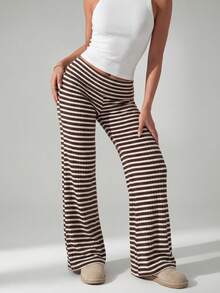 SHEIN PETITE Quần ống rộng cạp gập kẻ sọc thường ngày dành cho nữ, quần len ấm áp mùa thu đông - Cà phê nâu - Xem 1