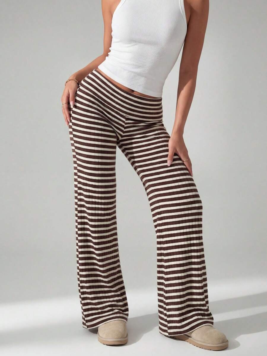 SHEIN PETITE Quần ống rộng cạp gập kẻ sọc thường ngày dành cho nữ, quần len ấm áp mùa thu đông - Cà phê nâu - Xem 1