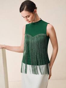 Anewsta Blusa sin mangas de verano para mujer, diseño de lujo retro francés con cuello alto de satén, diseño con flecos, elegante chaleco verde, adecuado para citas, fiestas y uso diario - Verde - Ver 5