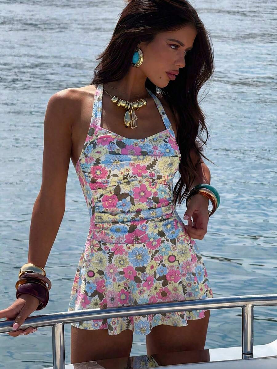 Swim Vcay 女士碎花褶皱沙滩度假泳装裙 - 彩色 - 查看 1