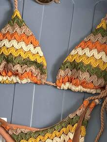 Swim Vcay Women's Spring/Summer Jacquard Fabric Halter Neck Braided Rope Metal Pendant Bikini Set - Multicolor - View 4