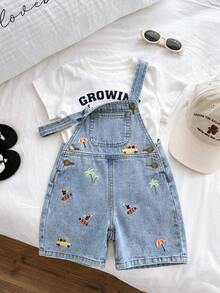 SHEIN 男童汽车和棕榈树卡通印花蓝色牛仔背带短裤 - 淺色水洗藍 - 查看 3