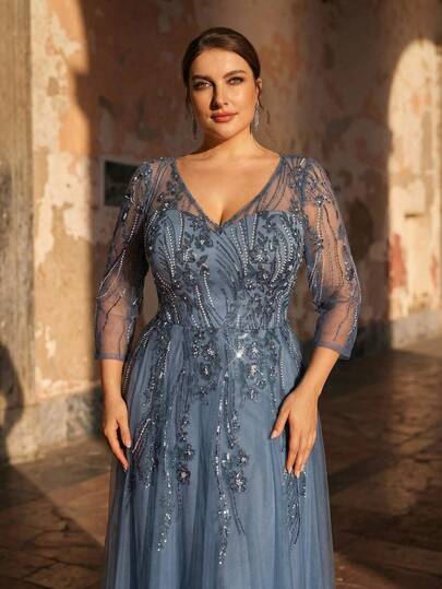 Aureia Vestido elegante y lujoso de talla grande con parches de malla bordada con lentejuelas azules, cuello en V, manga 3/4 y bajo acampanado, adecuado para fiestas de noche, galas, festivales de música, bodas, madre de la novia