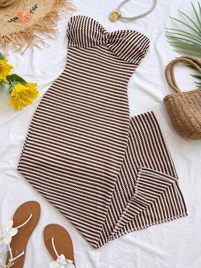 Soleia Women's Elegant Striped Dress, Casual For Vacation, Party, Date, Winter Striped Two Piece Set Two Piece Beach Set Brown Two Piece Set Brown Summer Top Brown Striped Two Piece