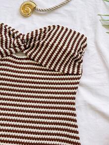 Soleia Women's Elegant Striped Dress, Casual For Vacation, Party, Date, Winter Striped Two Piece Set Two Piece Beach Set Brown Two Piece Set Brown Summer Top Brown Striped Two Piece - Coffee Brown - View 4