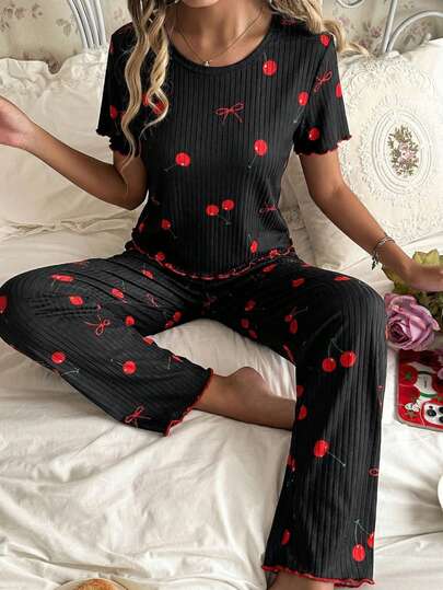 CottageSlumber Women's Pajama Set With Ribbed Fabric, Bow Tie Decor, And Cherry Print Short Sleeve Top And Long Pants