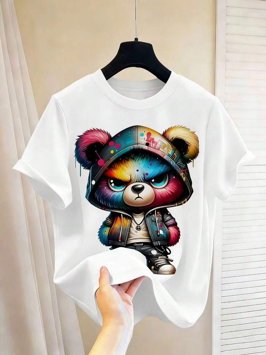 Chillumni 男士时尚熊印花拉链连帽短袖T恤 - 彩色 - 查看 1