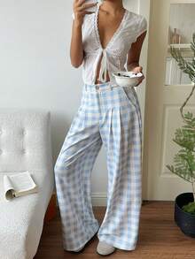 CovetEZ Quần ống rộng xếp ly kẻ caro có túi dành cho nữ, kiểu dáng thoải mái. - Màu xanh lam - Xem 4