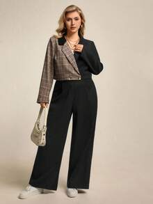 Juhart Plus Size Women's Fashion Contrast Plaid Print Suit Set - Black - View 3