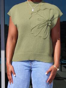 Steph T Women Casual Solid Color 3D Floral Short Sleeve Knitted Top,Knitted Sweater Summer Green Christmas - Army Green - View 3