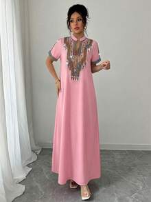 Rafferiza Contrast Color Embroidery Stand Collar Rhinestone Decor Loose Long Dress For Women - Pink - View 8