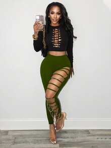 BamGleam Quần skinny nữ dáng ôm gợi cảm mới mùa thu, họa tiết dây xích kim loại rách. - xanh quân đội - Xem 5