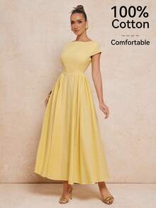 Lumalex 女士优雅纯色露背连衣裙，夏季 - 黃色 - 查看 11