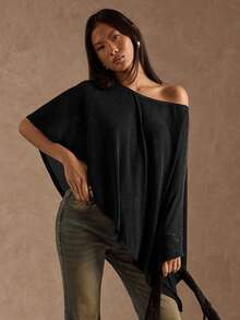 SHEIN BAE 女士夏季时尚不对称亮面上衣 - 黑色 - 查看 5