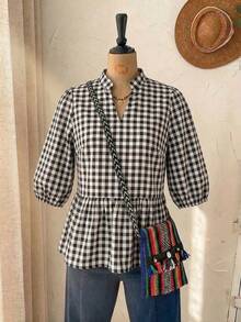 Franclia Camisa de mujer de manga corta con estampado de cuadros, tela tipo lino con estampado de cuadros, fruncido en la cintura, cuello con muesca, mangas cortas, blusa ligera de estilo francés casual con estampado de guinga, blusa a cuadros, blusa a cuadros para mujer, blusa campestre para mujer para picnic - Multicolor - Ver 8
