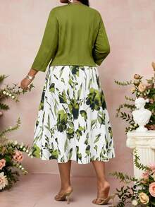 SHEIN Lady Plus Size Women's Floral Print Dress And Solid Color Long Sleeve Cardigan Casual Outfit, 2pcs Set Elegant Floral Dress Women Garden Party Dress Spring Dresses For Women Summer Church Dresses For Women Derby Dresses For Women - Multicolor - View 2