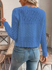 EMERY ROSE Women's Round Neck Hollow Front Button Cardigan, Autumn/Winter Knitted Sweater Jacket - Blue - View 2