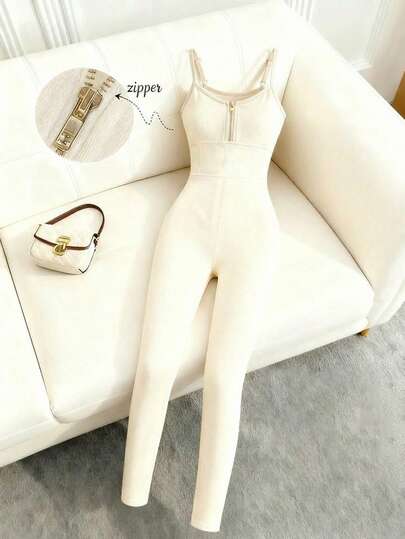 SHEIN Raffinéa 时尚新款高端无袖装饰拉链连体裤，百搭修身连体裤，适合春夏度假性感穿着
