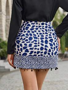 Aveloria Modichic Leopard Print Pom Pom Trim Wrap Knot Side Skirt  - Blue - View 2
