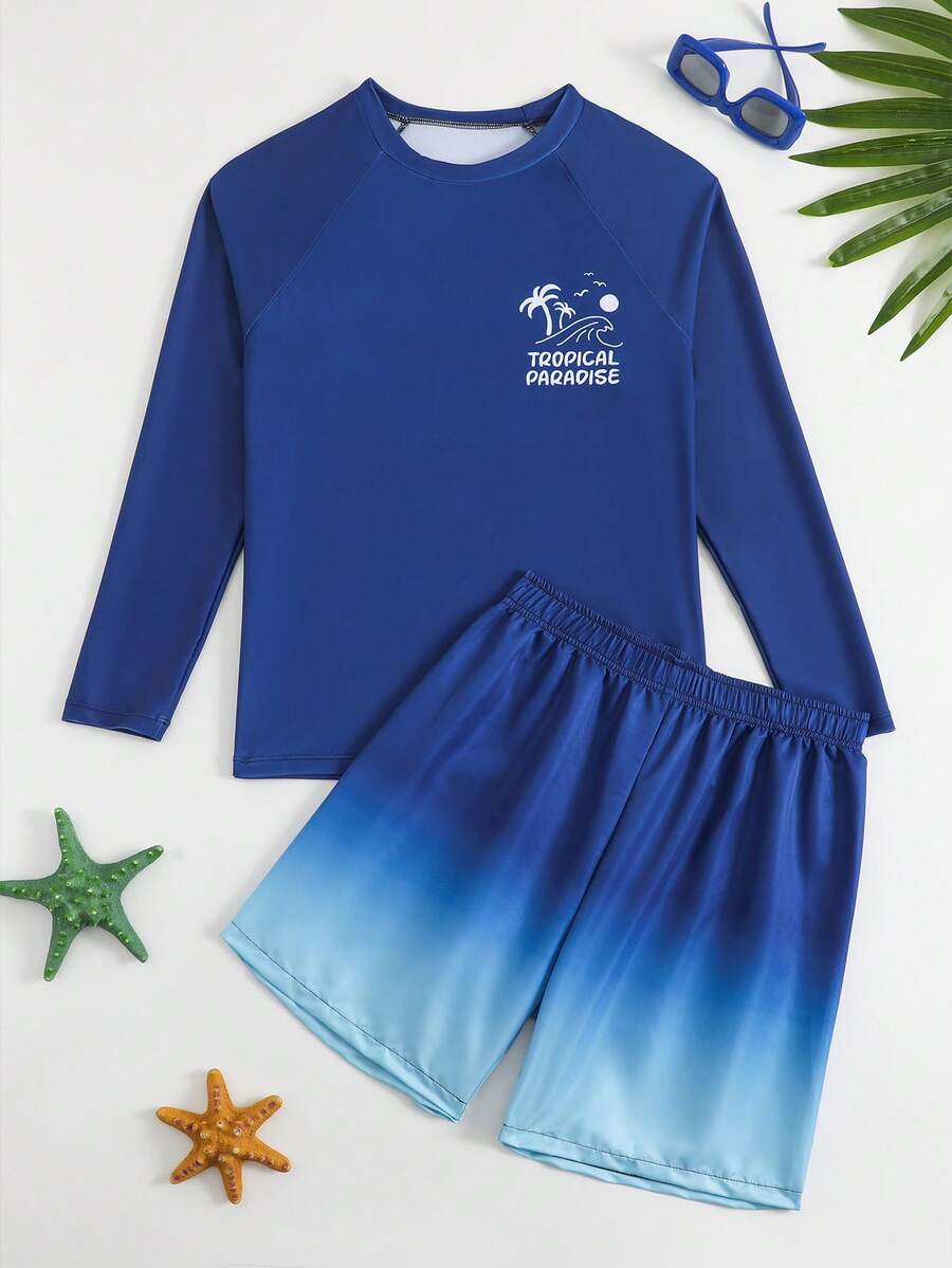 SHEIN Boys'Navy Gradient Coconut Tree Long Sleeve Swimsuit Set,Sunscreen Quick Drying Rash Guard With Elastic Waist Shorts For Summer Beach Holiday Wear - Multicolor - View 1