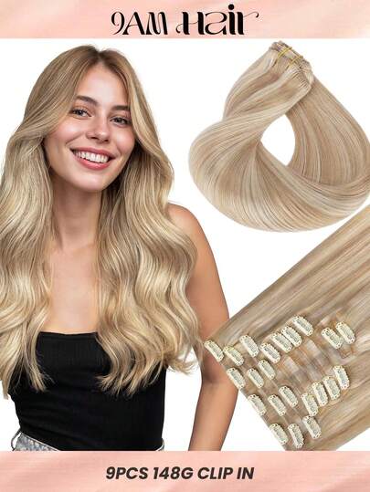 100% Real Human Hair 9PCS Straight Clip In Hair Extensions 148G 14-24 Inch Dark Gold Highlights Bleached Gold Color Double Weft Invisible Clip Hair Extensions Remy Natural Human Hair For Women Girls Daily Use