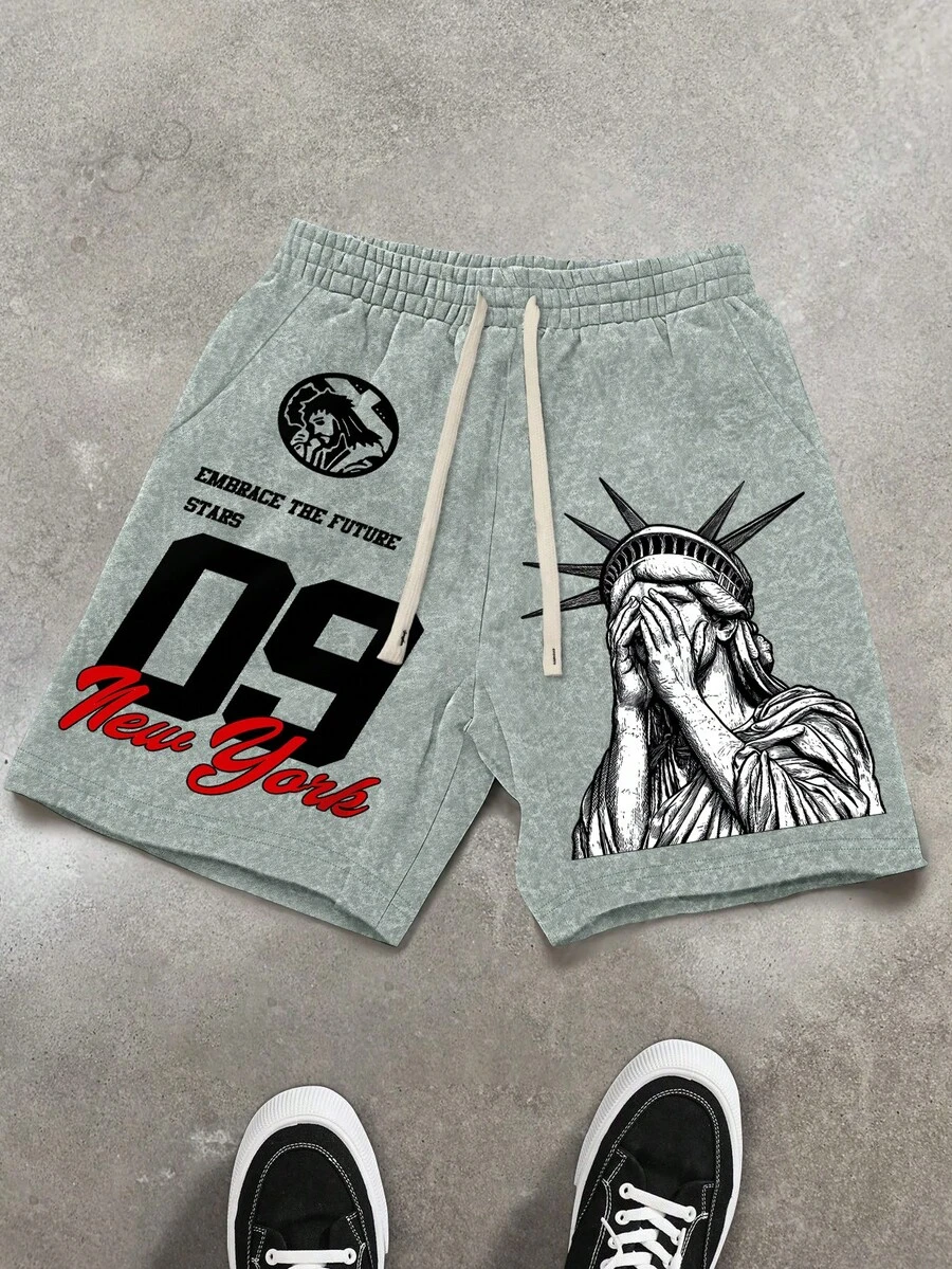 PAVTROS Pantalones cortos casuales de hombre con cordón en la cintura, estampado de letras y esculturas, para verano - Verde - Ver 1