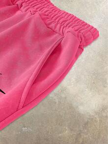 PAVTROS Pantalones cortos casuales y versátiles para uso diario con cordón en la cintura y estampado de letras y números para hombres - Rosa Fucsia - Ver 4