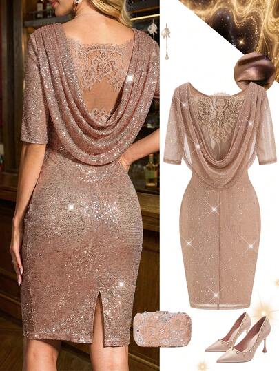 Ellevyn 女士魅力性感派对宴会浪漫优雅金属丝露背撞色蕾丝紧身连衣裙