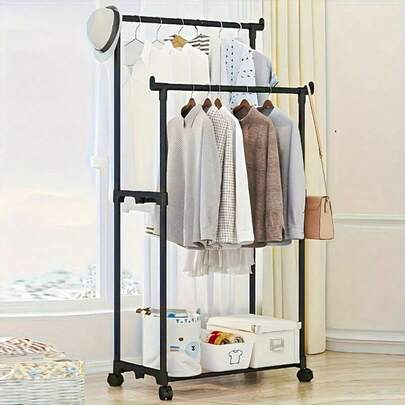 1 رف ملابس متعدد الطبقات قابل للتعديل على عمودين - رف ملابس معدني قائم بذاته مع رفوف وخطافات جانبية، سهل الحركة، مناسب لتخزين المنزل والغرفة والخزانة والمتاجر، هيكل قوي
