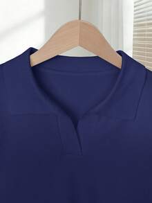 Franclia Women's Spring/Summer White Simple Casual Turndown Collar Raglan Short Sleeve Solid Color Fitted Knit Top - Navy Blue - View 3