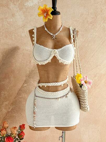 Soleia Shell Decor Cropped Camisole Top And Mini Skirt Sexy Knit Set