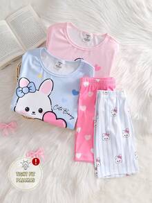 SHEIN GraphicGems Bộ 4 món đồ ngủ cho bé gái chủ đề hoạt hình dễ thương, váy kẻ sọc trái tim màu hồng và xanh dương, họa tiết thỏ và nơ, tay ngắn và quần short ôm sát. - Màu xanh nhạt - Xem 6