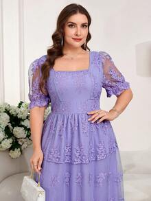 Reflora 大码女式蕾丝荷叶边优雅收腰派对连衣裙 - 紫色 - 查看 11