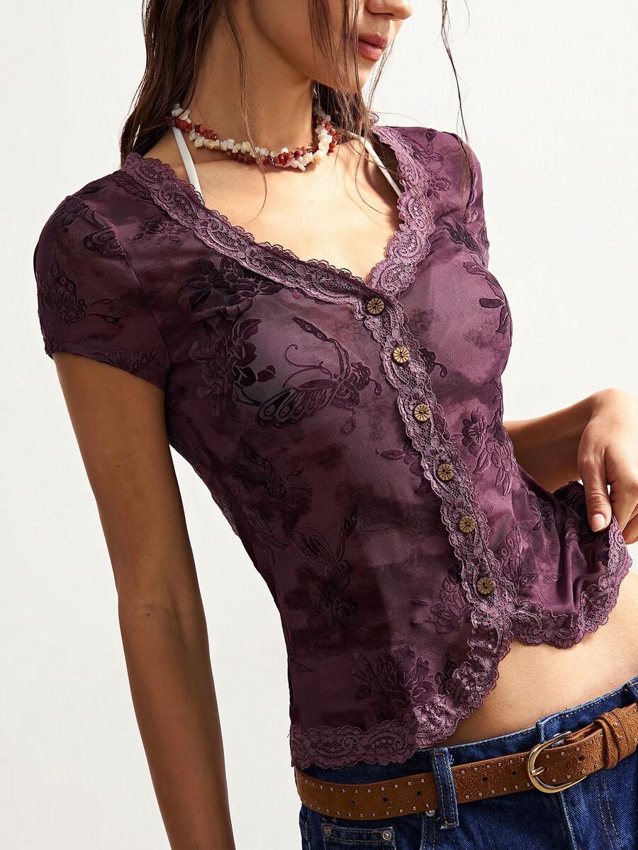 Bohemela Áo thun nữ tay ngắn cổ chữ V ôm dáng, màu trơn, phong cách BOHO, thích hợp cho kỳ nghỉ hè, đi nghỉ mát. - Màu tím - Xem 1
