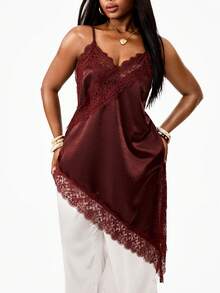 Coolane Débardeur femme grande taille d'été oversize, décontracté, en dentelle, avec ourlet asymétrique, patchwork, couleur unie. Idéal pour la plage et les vacances d'été. - Marron fonçé - Voir 1