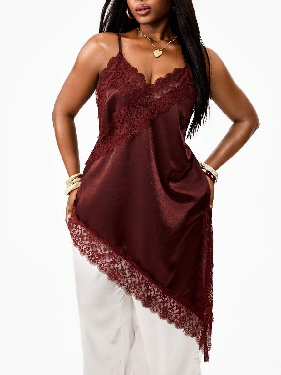 Coolane Débardeur femme grande taille d'été oversize, décontracté, en dentelle, avec ourlet asymétrique, patchwork, couleur unie. Idéal pour la plage et les vacances d'été. - Marron fonçé - Voir 1