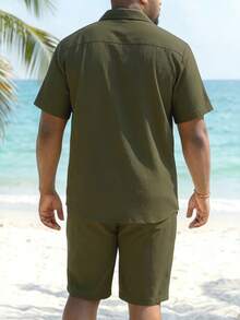 ResortEase 大码男士纯色短袖衬衫和短裤休闲套装 - 軍綠色 - 查看 3