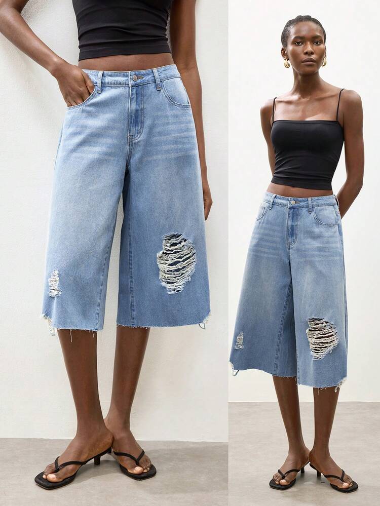 SHEIN Maija Women's Light Blue Denim Bermuda Shorts, Summer Ripped Shorts, Low-Rise Wide-Leg Pants