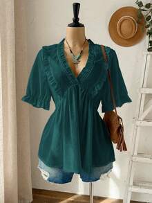 Rusticease Plus Size Women's Teal Boho Summer V-Neck Ruffle Trim Short Sleeve Blouse,Vacation Holiday Country Casual Top Shirt,Spring Break Outfits - Dark Green - View 6