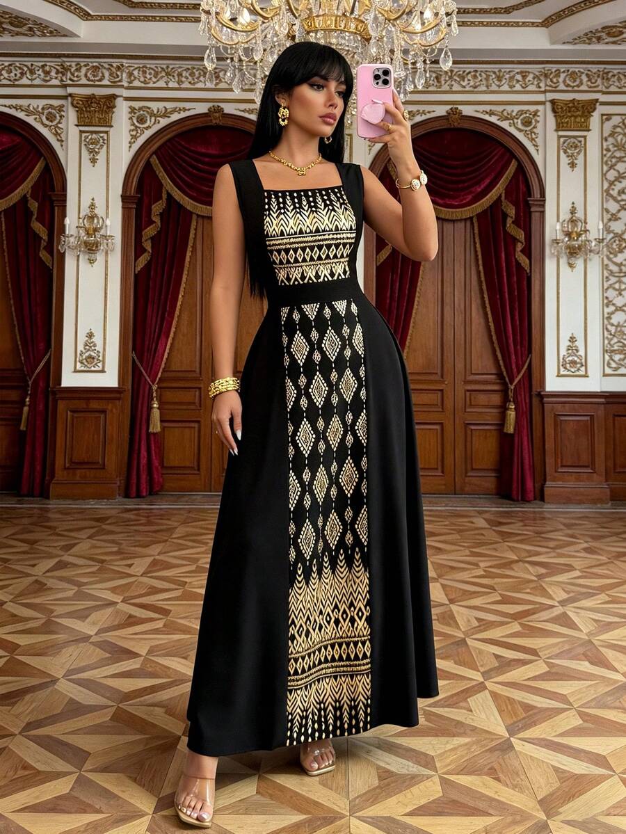 Rafferiza 女士无袖黑色拼接金色箔片长连衣裙，春夏款 - 黑金色 - 查看 1