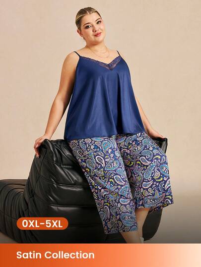 LUVLETTE Plus Size Summer Stylish Navy & Paisley Pajama Set - Lace-Trimmed Camisole & Wide-Leg Pants Summer Lounge Wear Curve Lingerie Pyjama