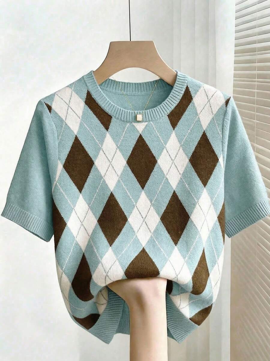 Franclia New Arrival Spring/Summer Retro College Style Colorblock Plaid Knit Pullover Sweater For Women - Baby Blue - View 1