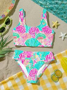 SHEIN 少女贝壳印花吊带背心和三角裤休闲简约泳衣套装，适合夏季度假和海滩穿着 - 彩色 - 查看 2