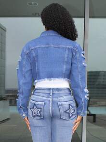 Steph T 休閒洗舊撕邊牛仔夾克，腰身短款 - 深色水洗藍 - 查看 2