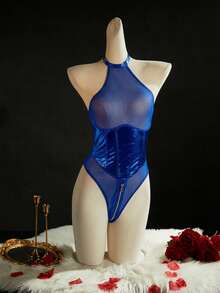 SpicyHot Bộ jumpsuit nữ thời trang gợi cảm phối lưới, cổ yếm, thích hợp cho mùa hè. - Xanh đậm - Xem 1