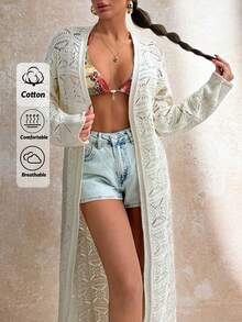 Brown Crochet Lace Knit Longline Beach Cover Up Kimono With Open Front And Flared Sleeves For Women" - White - View 1