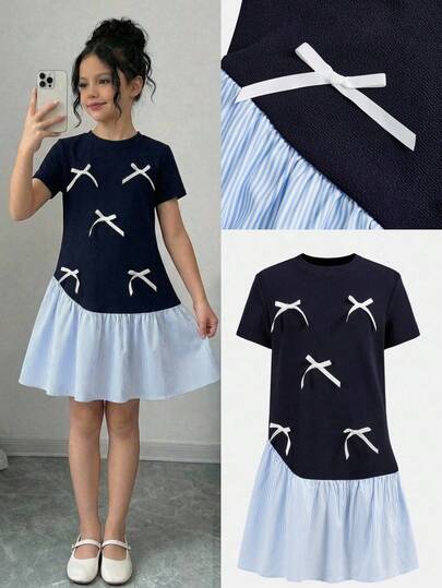 Firerie Kids 少女可爱蝴蝶结拼接蓝条纹短袖连衣裙，学院风