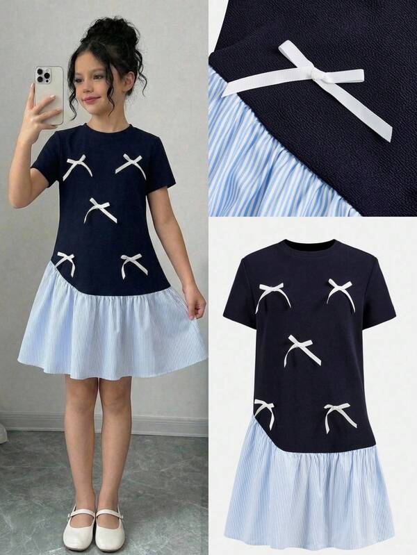 Firerie Kids 少女可爱蝴蝶结拼接蓝条纹短袖连衣裙，学院风