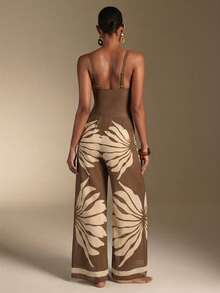 Swim Oasis Women's Patchwork Ruched One-Piece Swimsuit And Wide Leg Pants Set, Suitable For Beach Vacation, Pool Party, Beach Party - Brown - View 4